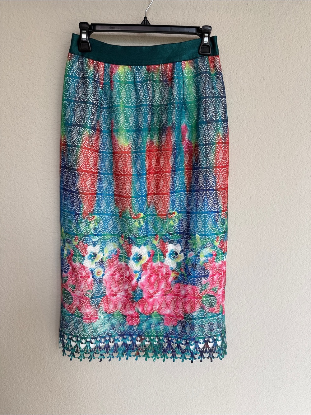 Gracia Teal Multicolor Floral Lace-Trim Pencil Skirt